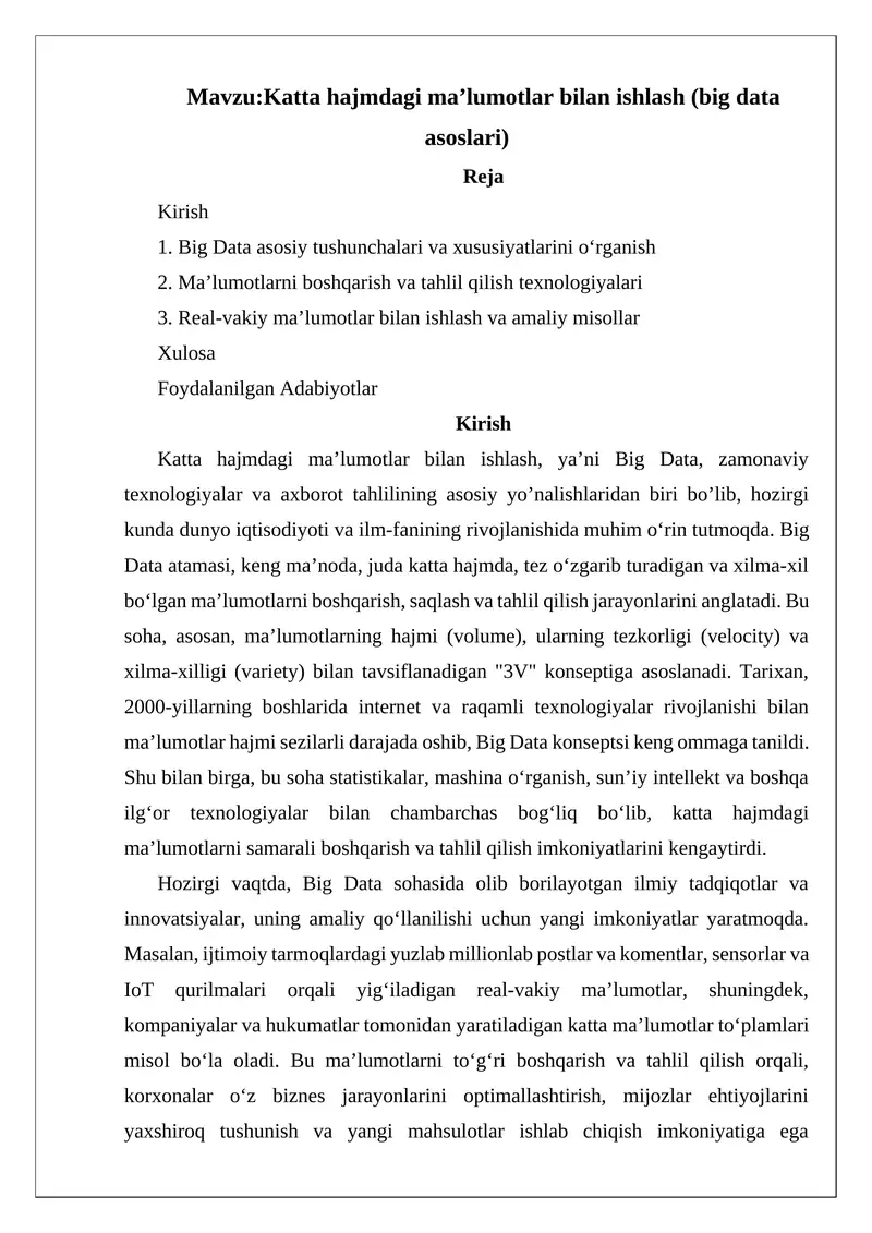 Katta hajmdagi ma’lumotlar bilan ishlash (big data asoslari)