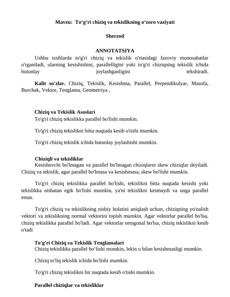 Toʻgʻri chiziq va tekislikning oʻzoro vaziyati
