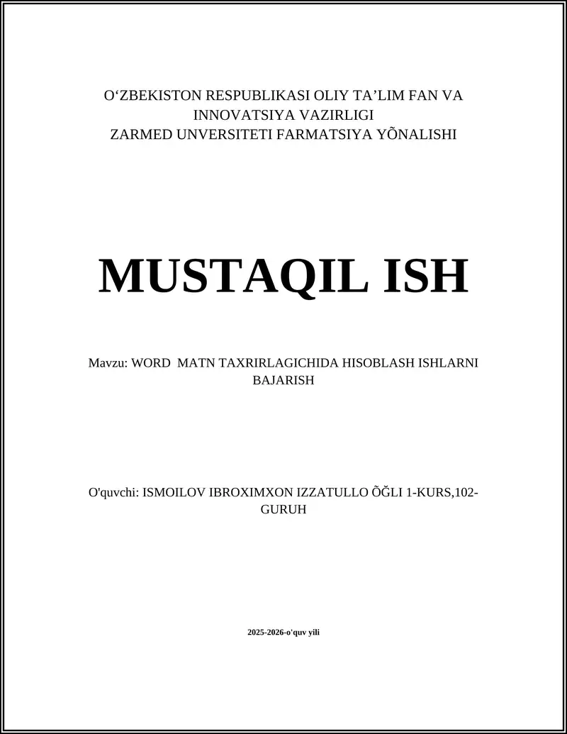 WORD MATN TAXRIRLAGICHIDA HISOBLASH ISHLARNI BAJARISH