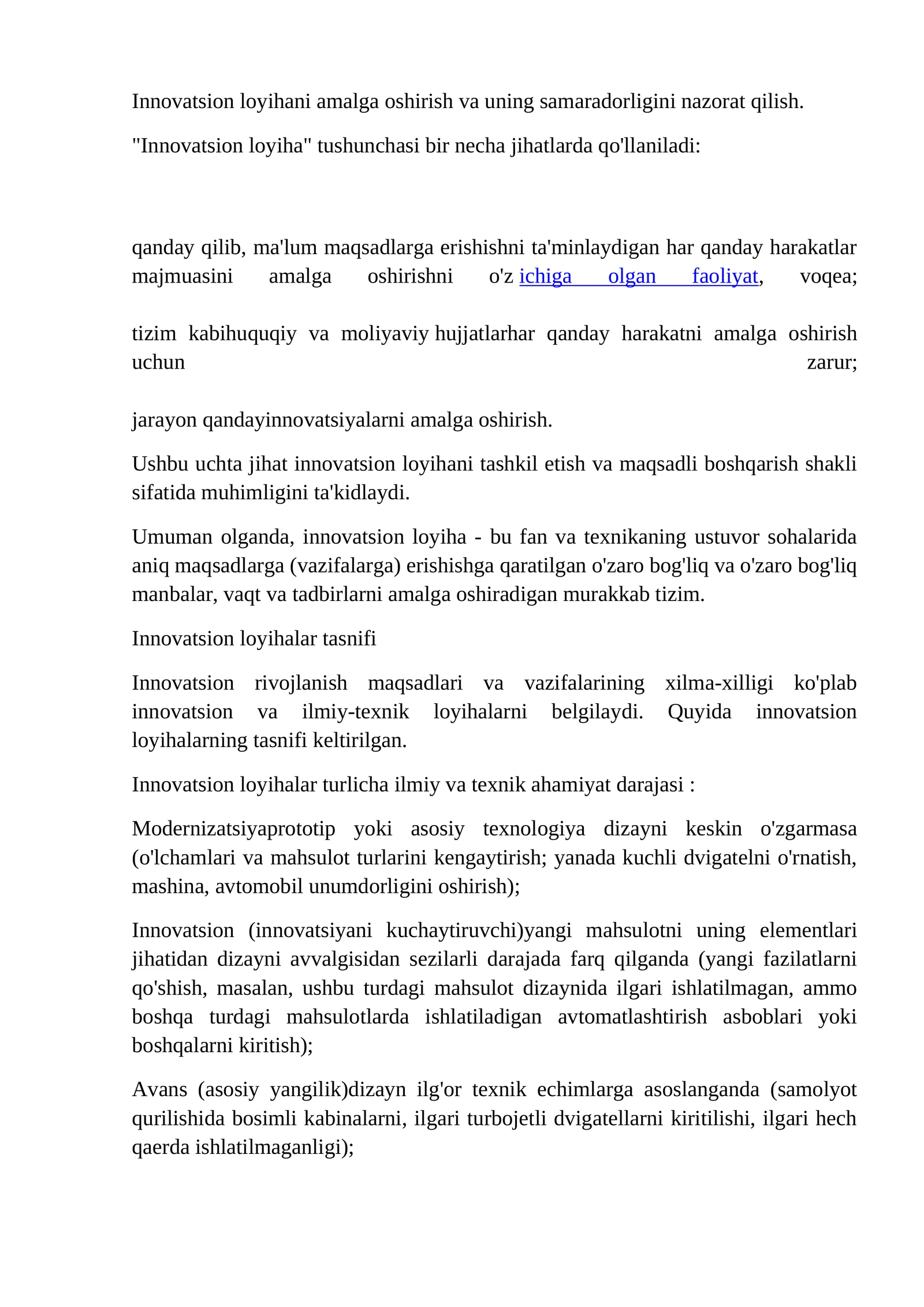 Innovatsion loyihani amalga oshirish va uning samaradorligini nazorat qilish