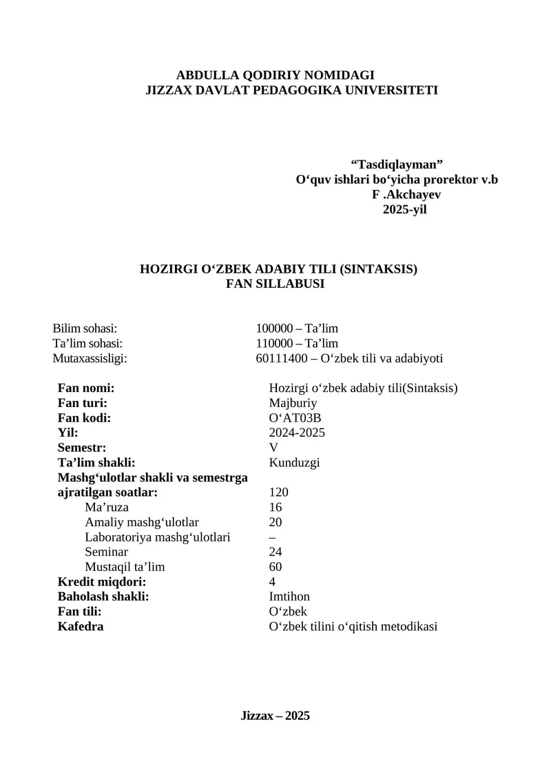Hozirgi o‘zbek adabiy tili(Sintaksis)