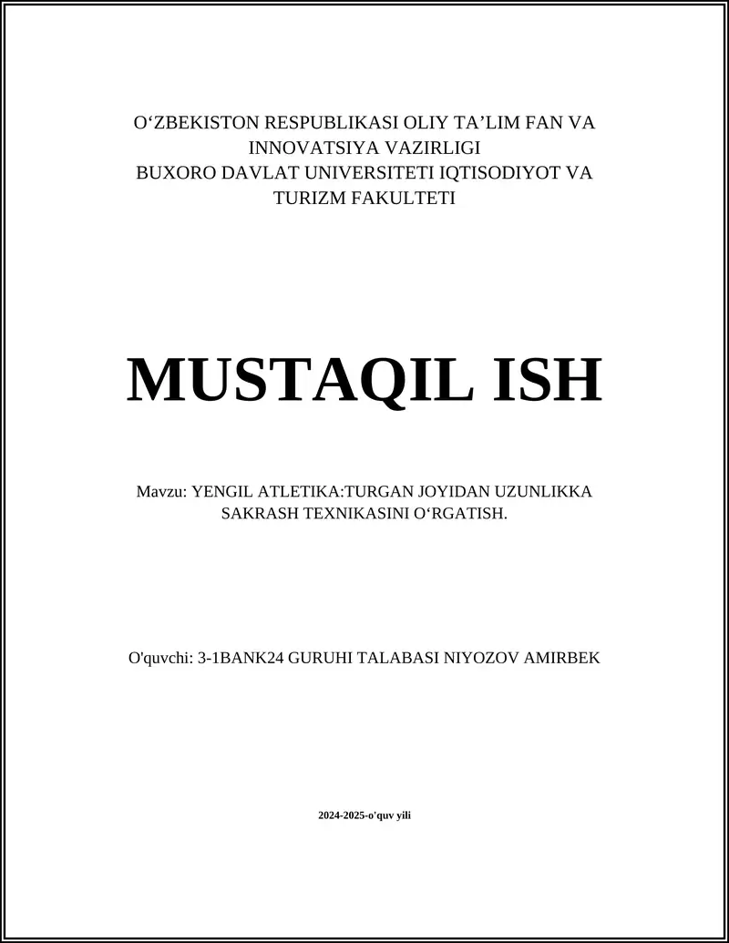 YENGIL ATLETIKA:TURGAN JOYIDAN UZUNLIKKA SAKRASH TEXNIKASINI OʻRGATISH