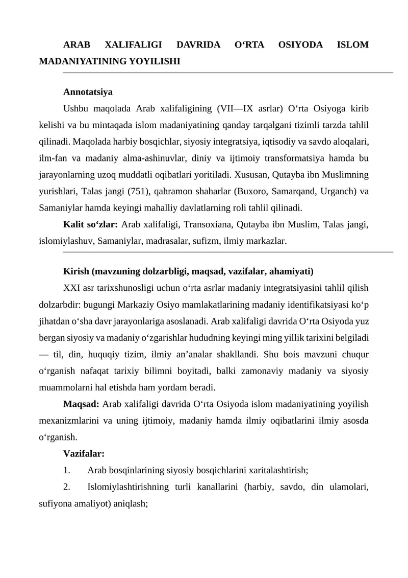 ARAB XALIFALIGI DAVRIDA O‘RTA OSIYODA ISLOM MADANIYATINING YOYILISHI