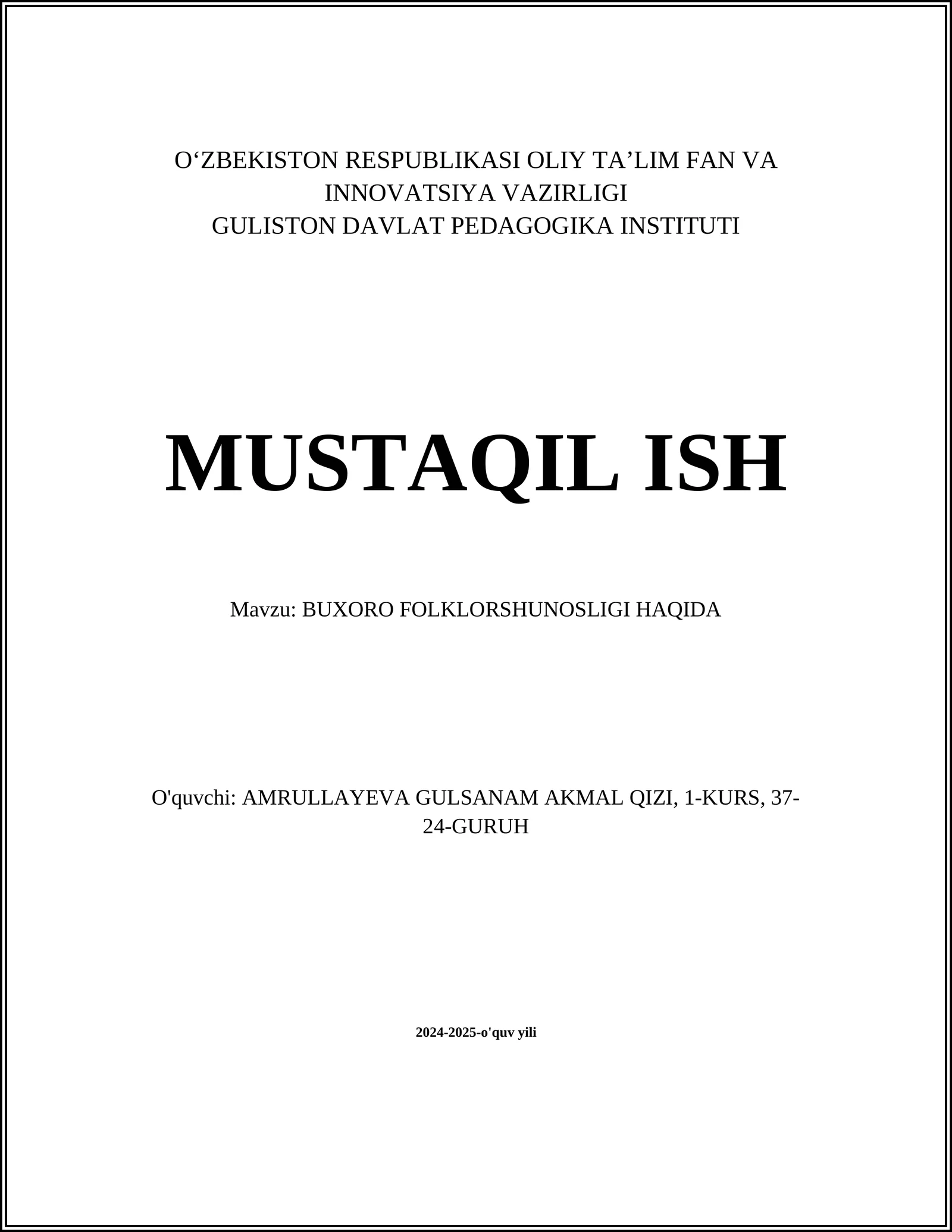 BUXORO FOLKLORSHUNOSLIGI HAQIDA