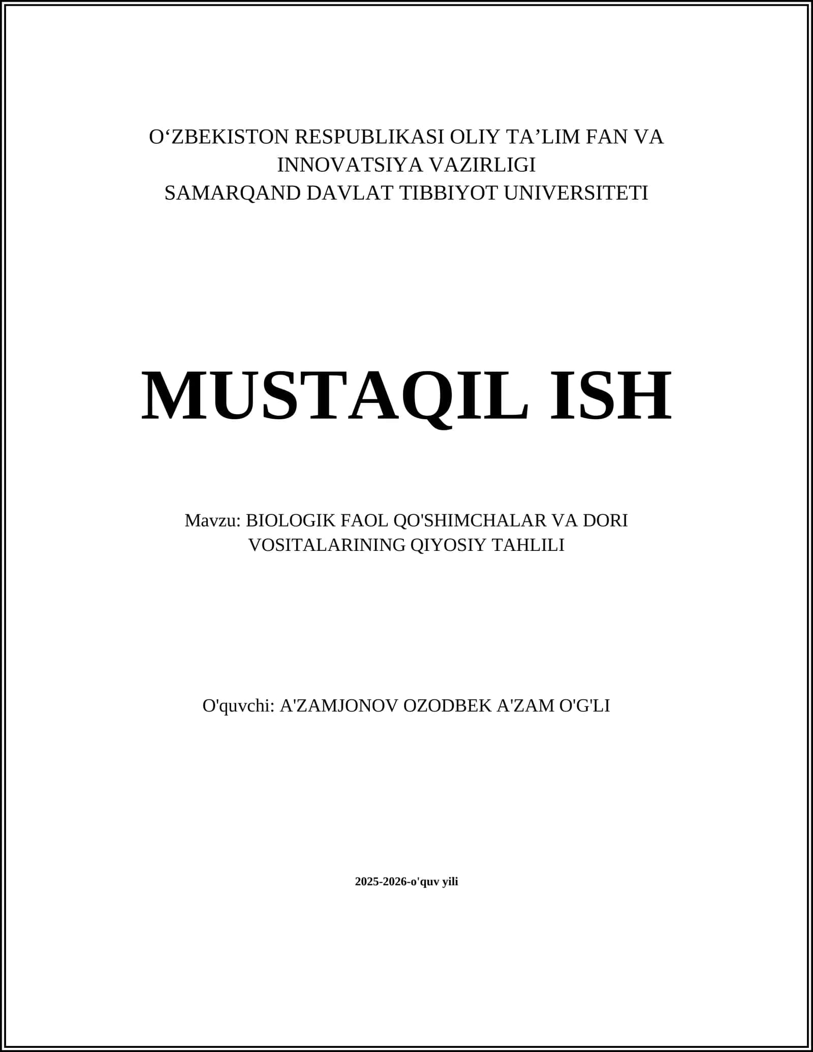BIOLOGIK FAOL QO'SHIMCHALAR VA DORI VOSITALARINING QIYOSIY TAHLILI