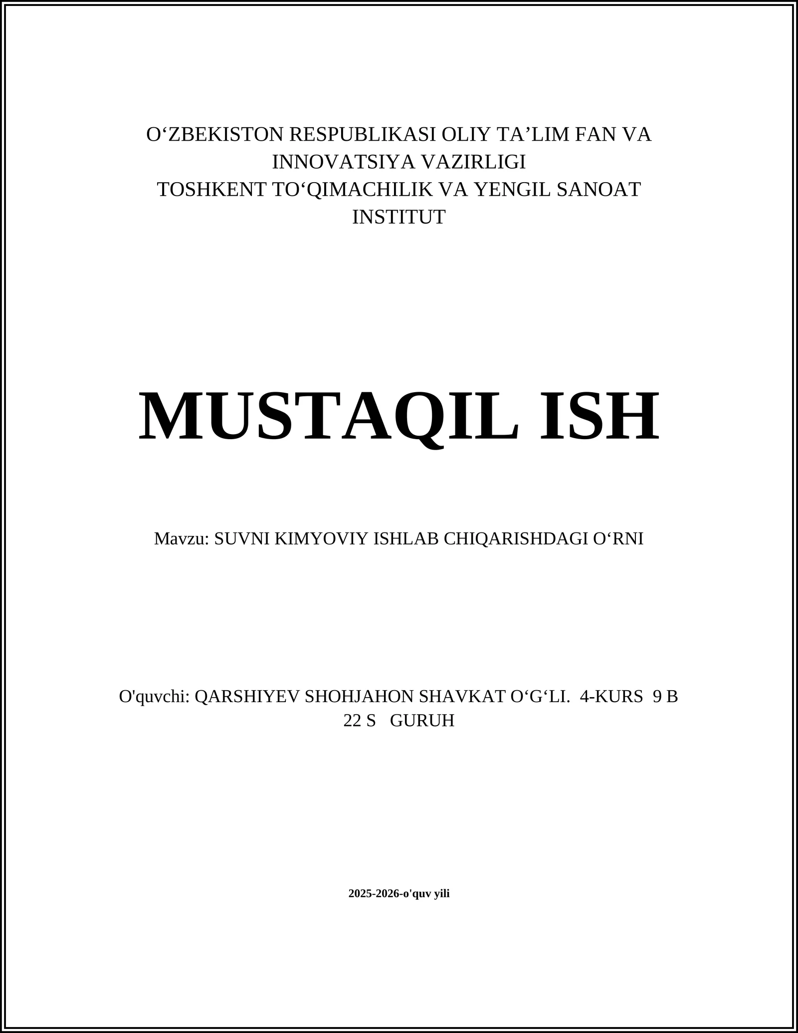 SUVNI KIMYOVIY ISHLAB CHIQARISHDAGI OʻRNI