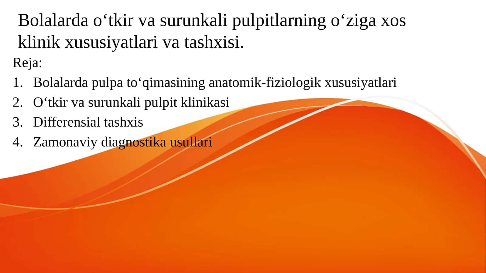 Bolalarda o‘tkir va surunkali pulpitlarning o‘ziga xos klinik xususiyatlari va tashxisi.
