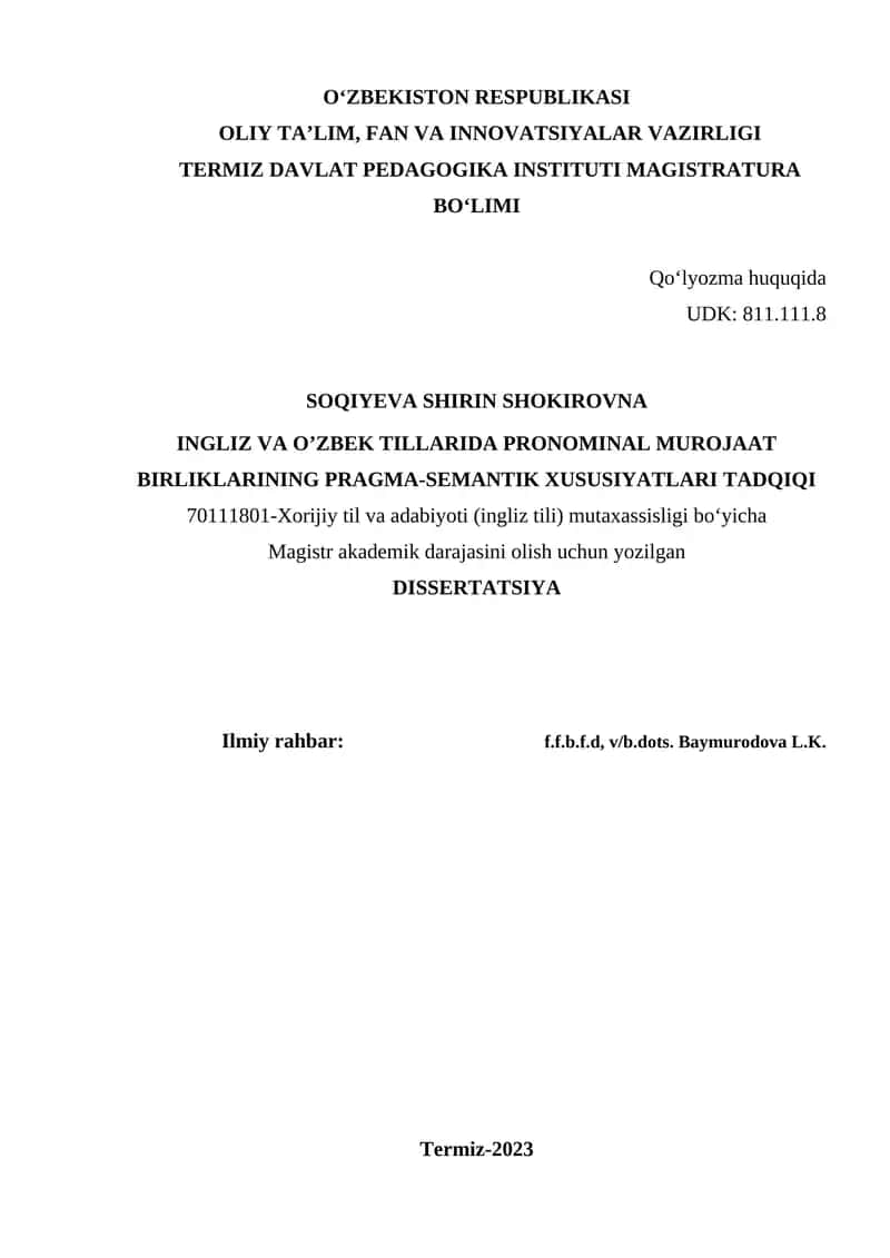 INGLIZ VA O’ZBEK TILLARIDA PRONOMINAL MUROJAAT BIRLIKLARINING PRAGMA-SEMANTIK XUSUSIYATLARI TADQIQI