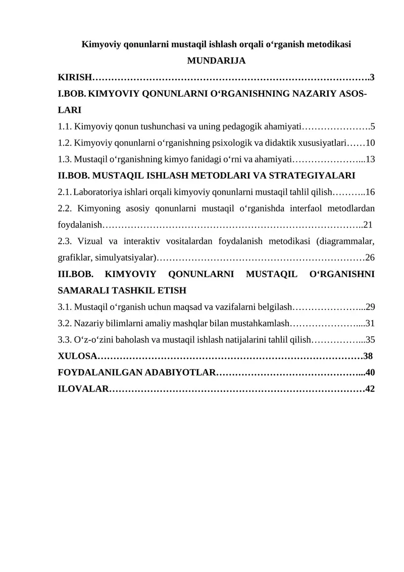 Kimyoviy qonunlarni mustaqil ishlash orqali o‘rganish metodikasi