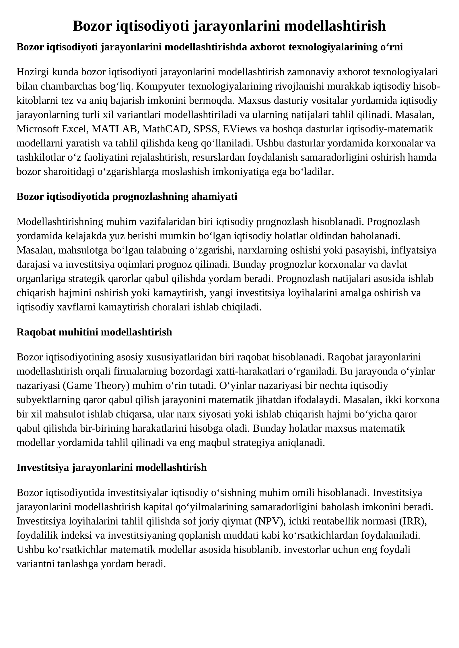 Bozor iqtisodiyoti jarayonlarini modellashtirish