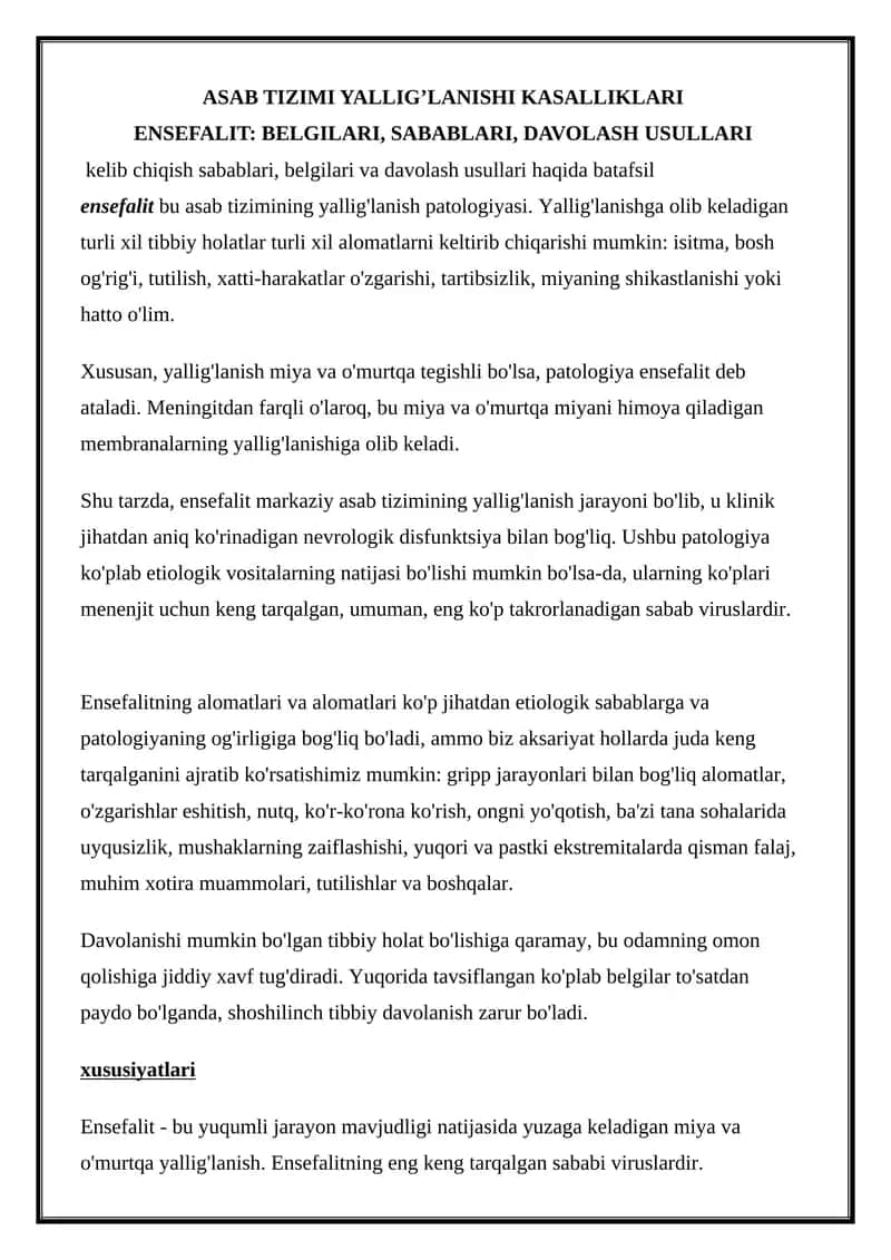 Ensefalit: Belgilari, Sabablari, Davolash Usullari