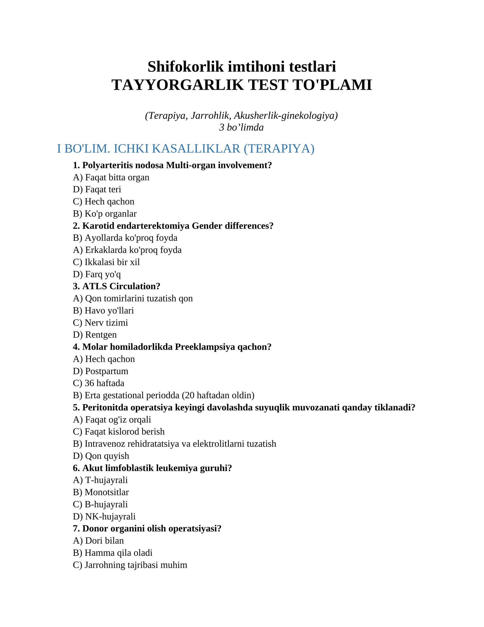Shifokorlik imtihoni testlari