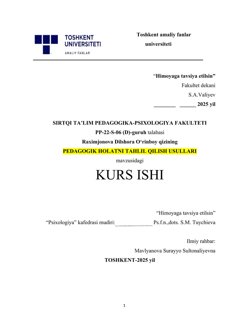 PEDAGOGIK HOLATNI TAHLIL QILISH USULLARI