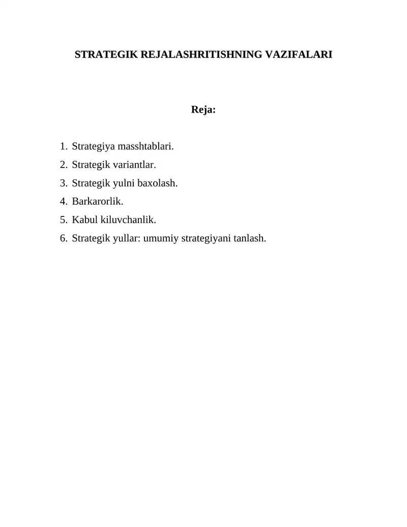 strategik rejalashritishning Vazifalari