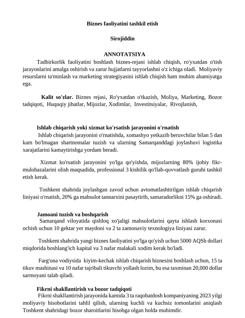 Biznes faoliyatini tashkil etish