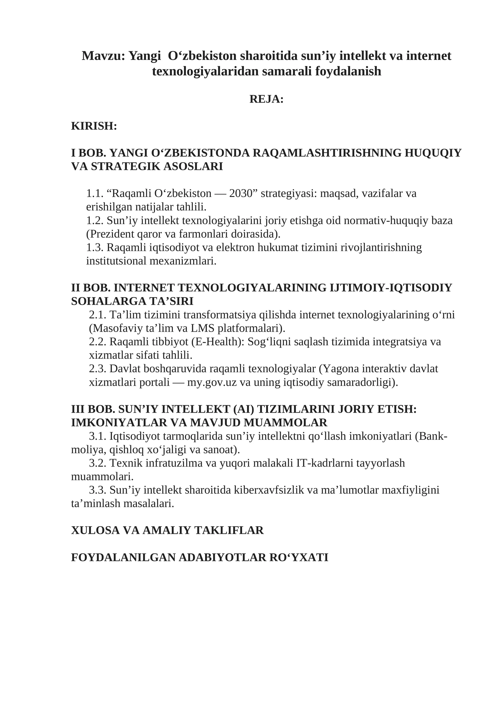 Yangi O‘zbekiston sharoitida sun’iy intellekt va internet texnologiyalaridan samarali foydalanish