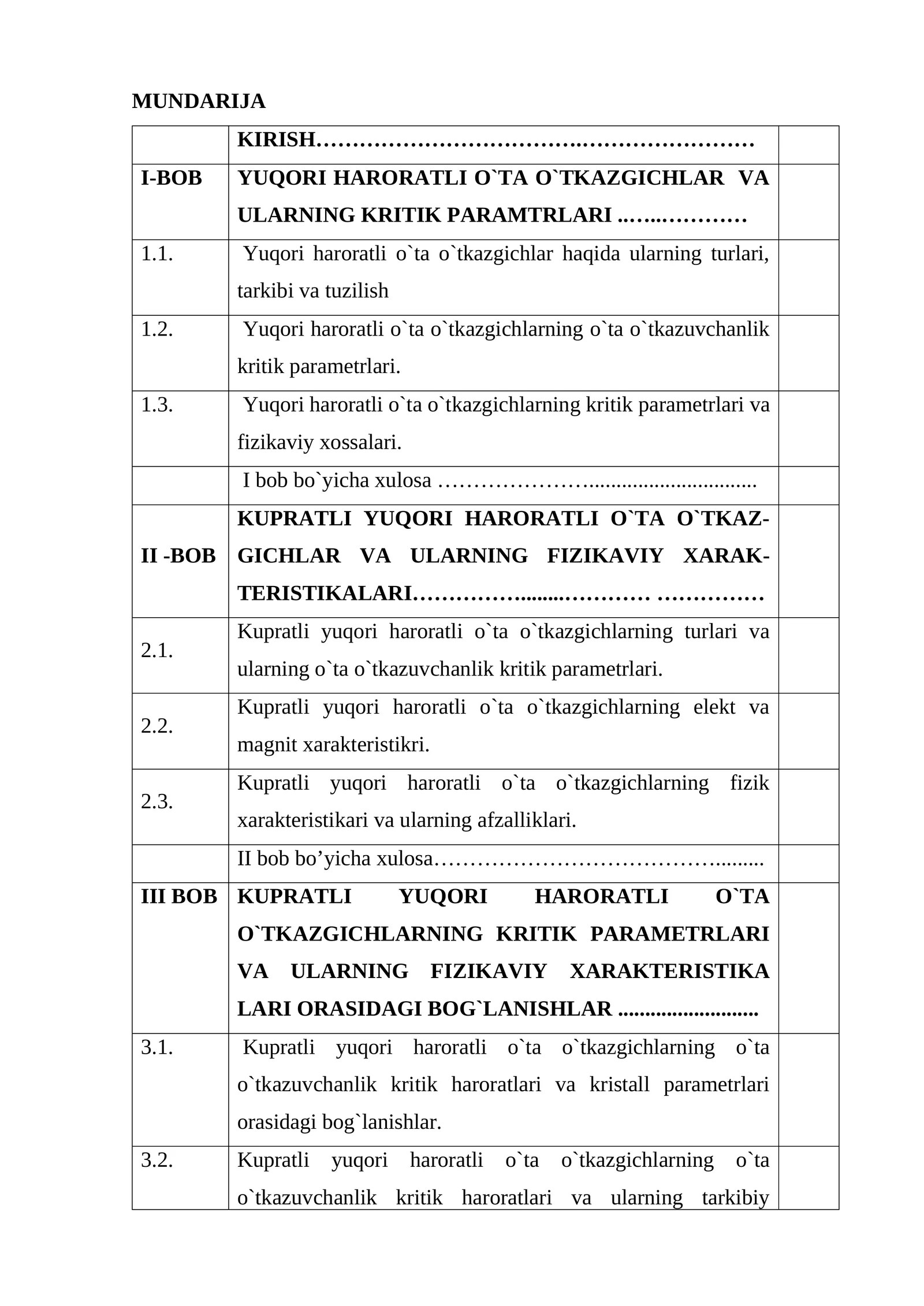 Yuqori haroratli o`ta o`tkazgichlar va ularning kritik paramtrlari