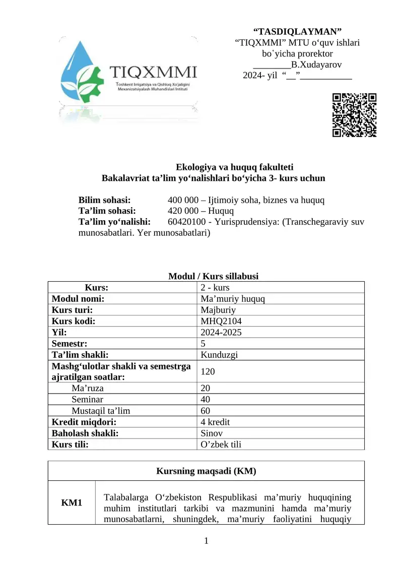 Ekologiya va huquq fakulteti Bakalavriat ta’lim yoʻnalishlari boʻyicha 3- kurs uchun