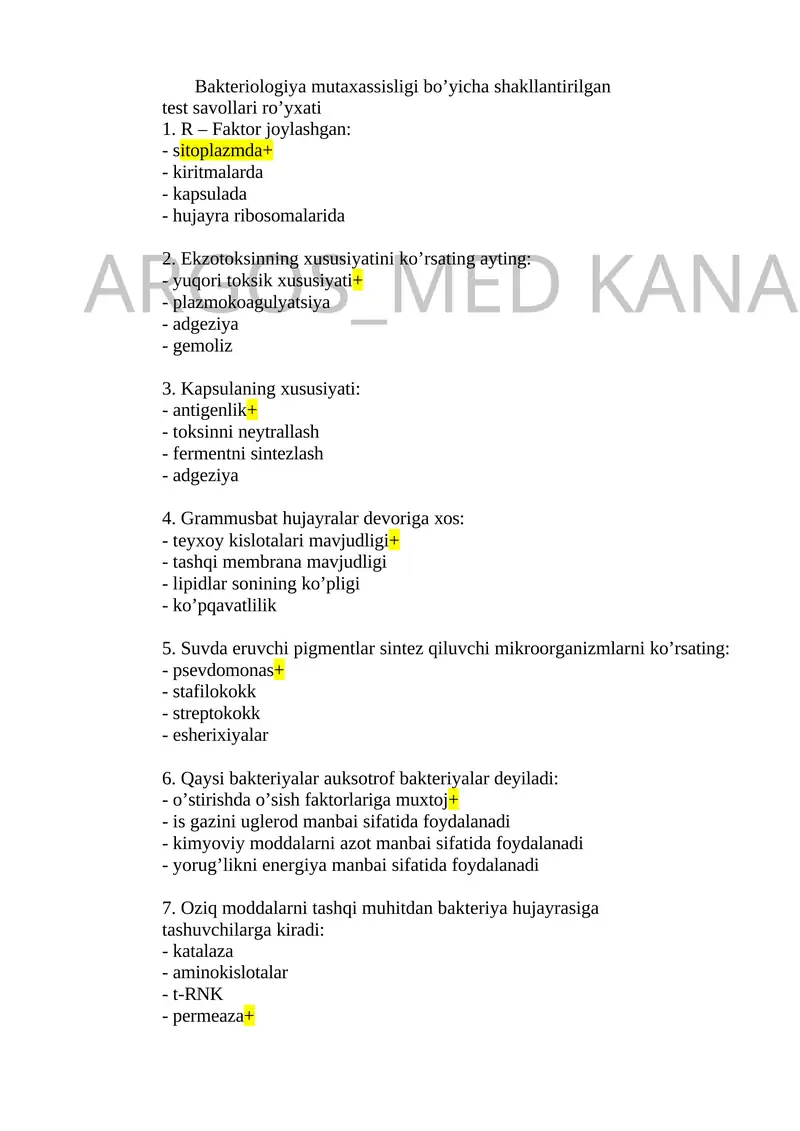 Bakteriologiya mutaxassisligi bo’yicha shakllantirilgan test savollari ro’yxati