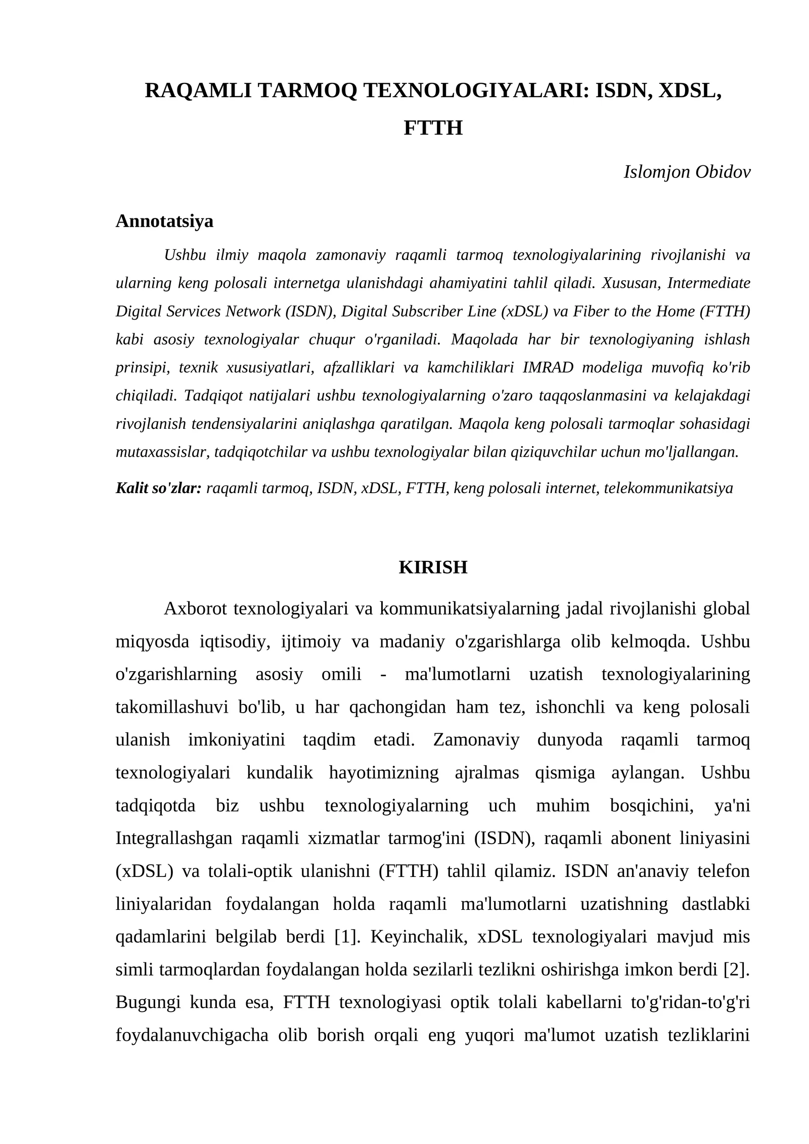 RAQAMLI TARMOQ TEXNOLOGIYALARI: ISDN, XDSL, FTTH