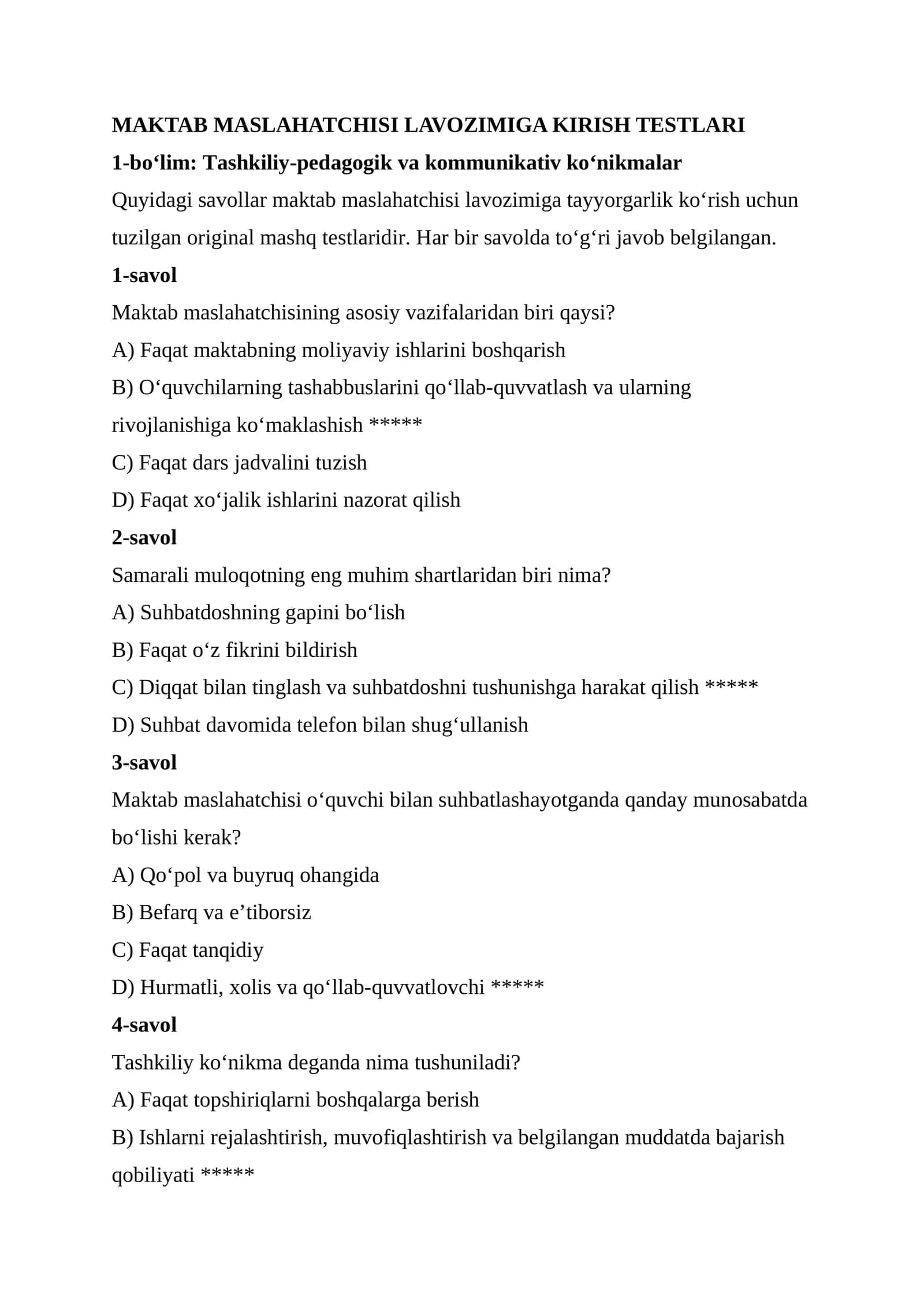 MAKTAB MASLAHATCHISI LAVOZIMIGA KIRISH TESTLARI