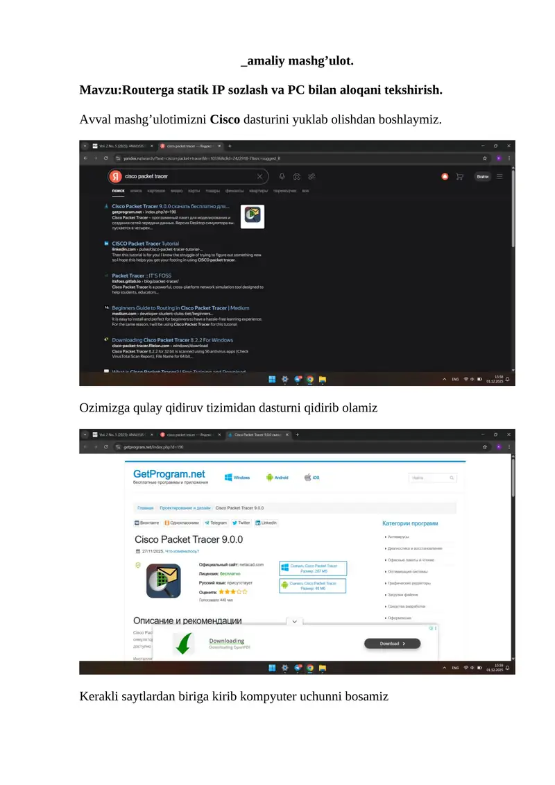 Routerga statik IP sozlash va PC bilan aloqani tekshirish