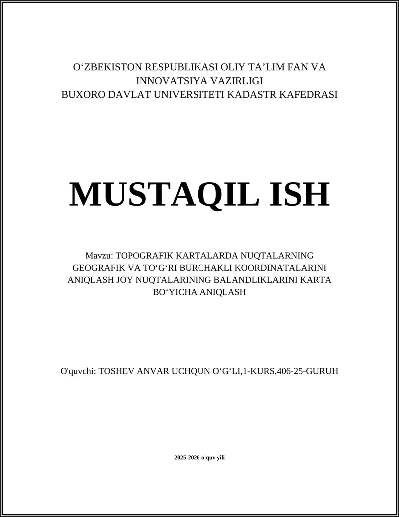 Topografik kartalarda nuqtalarning geografik va to'g'ri burchakli koordinatalarini aniqlash