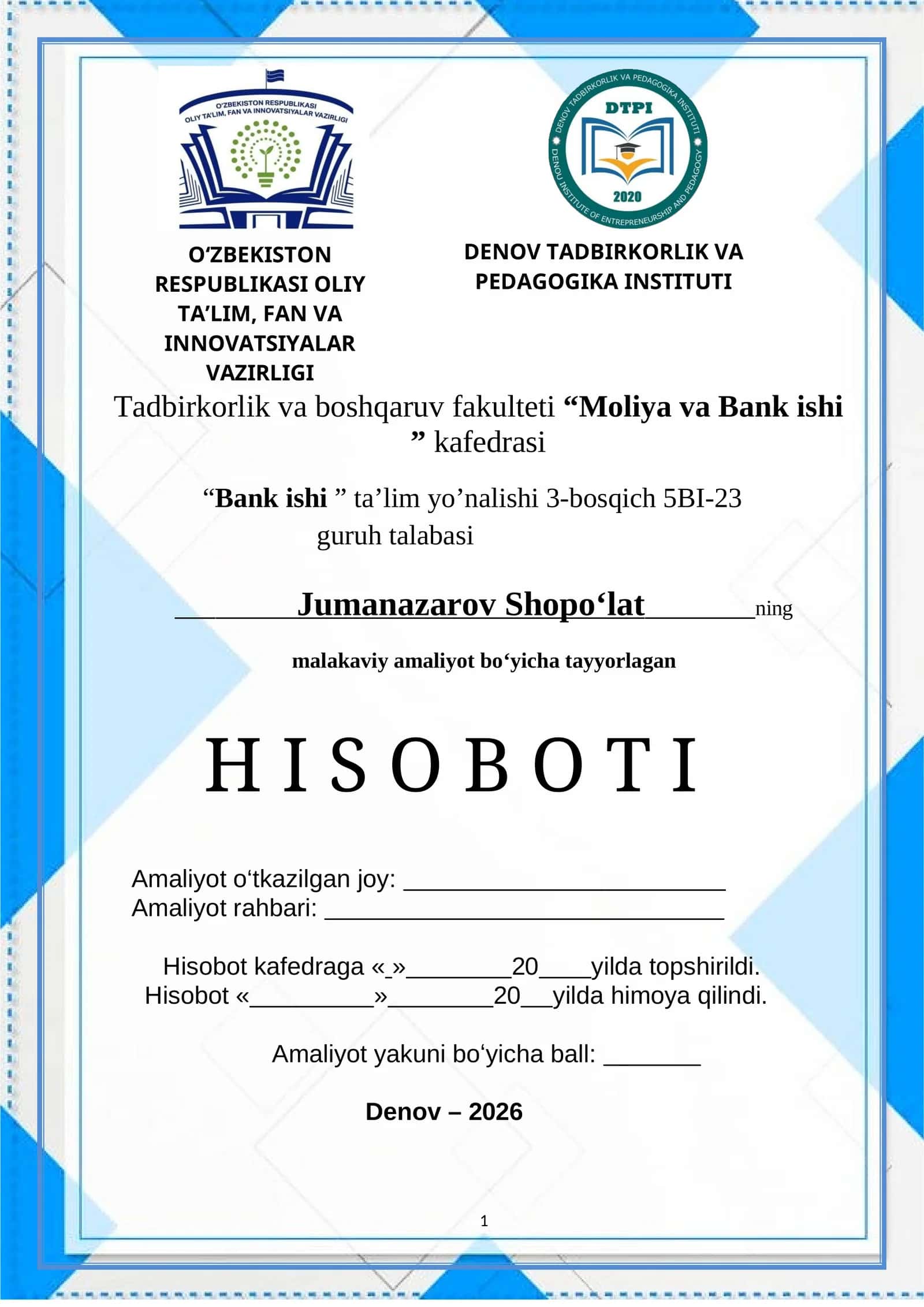 Abgrobok hamda ATB "Agrobank" DENOV FILIALI haqida AMALYOT HISOBOT