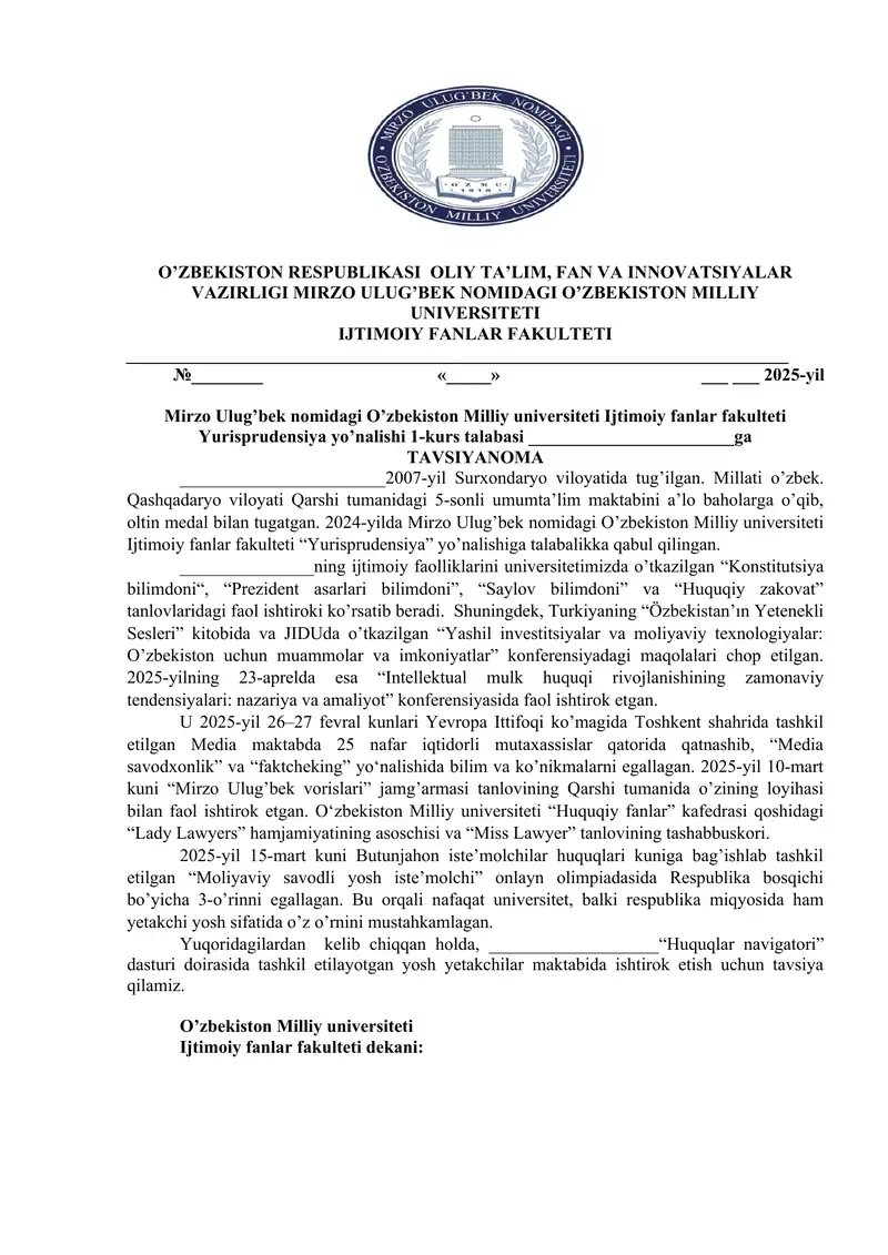 Yurisprudensiya yo’nalishi 1-kurs talabasi