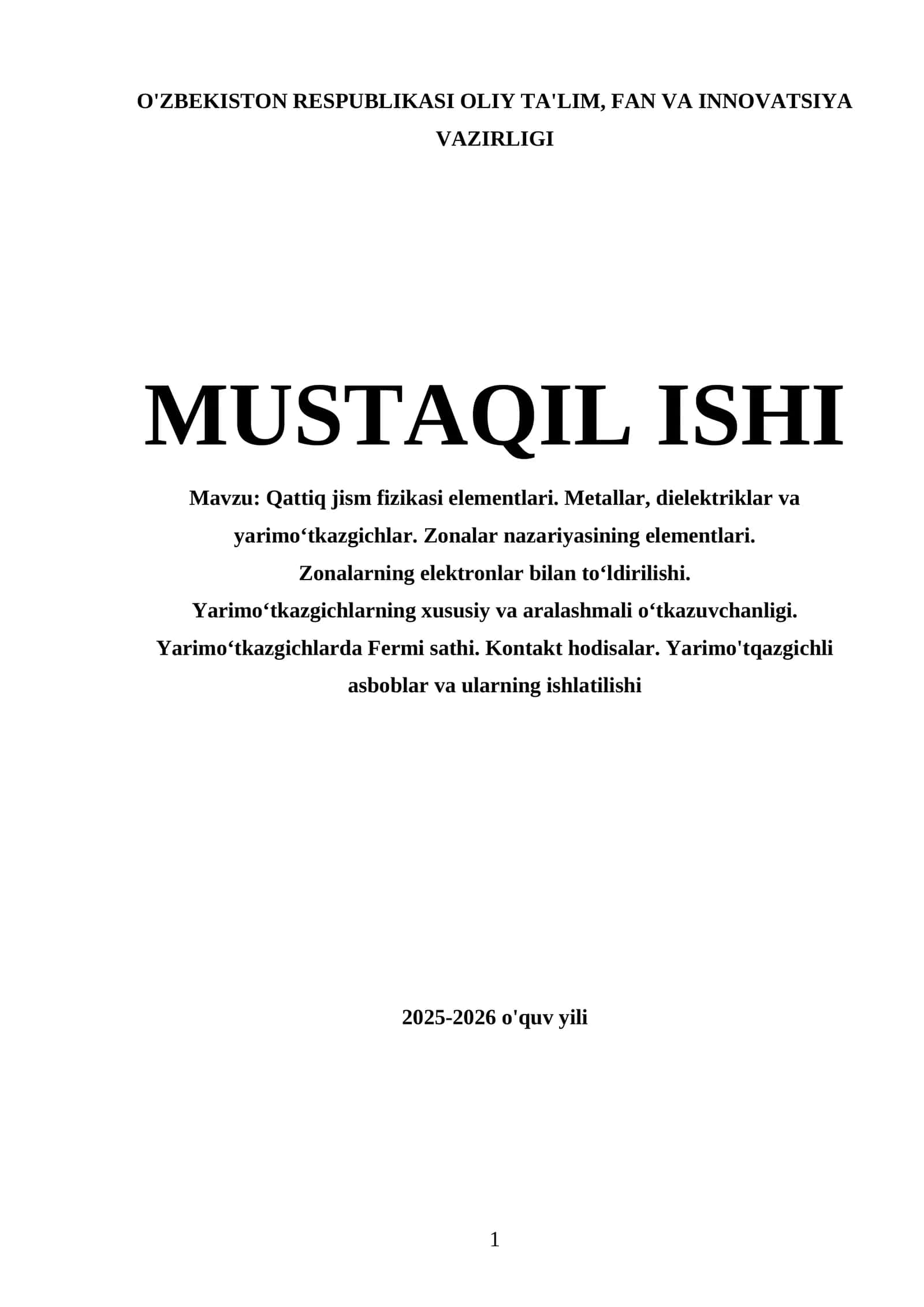 Qattiq jism fizikasi elementlari. Metallar, dielektriklar va yarimo‘tkazgichlar