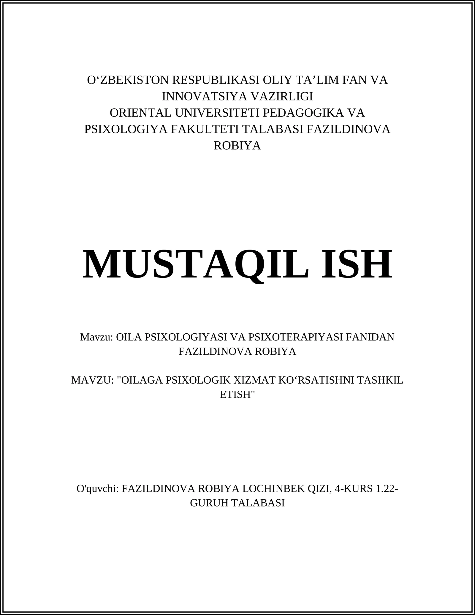 OILA PSIXOLOGIYASI VA PSIXOTERAPIYASI