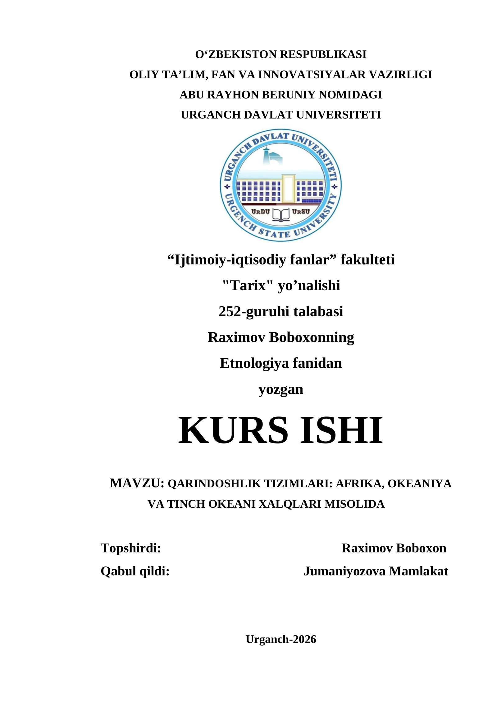 QARINDOSHLIK TIZIMLARI: AFRIKA, OKEANIYA VA TINCH OKEANI XALQLARI MISOLIDA