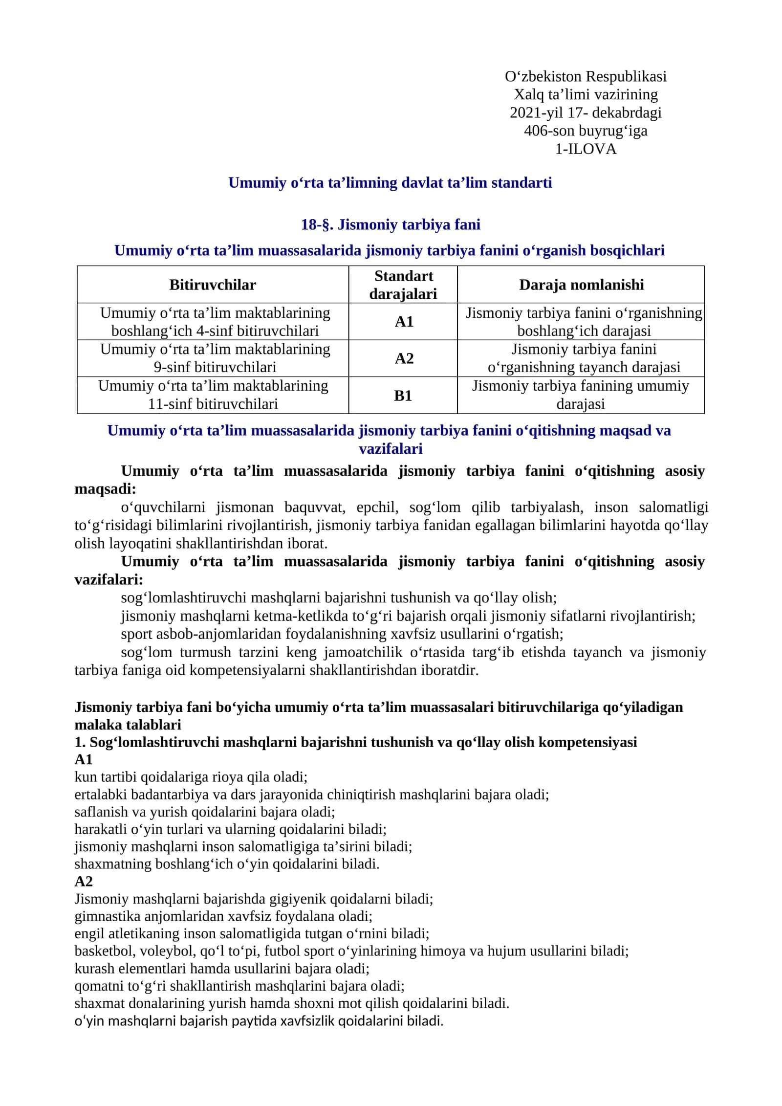 Jismoniy tarbiya fani (Umumiy o‘rta ta’limning davlat ta’lim standarti)