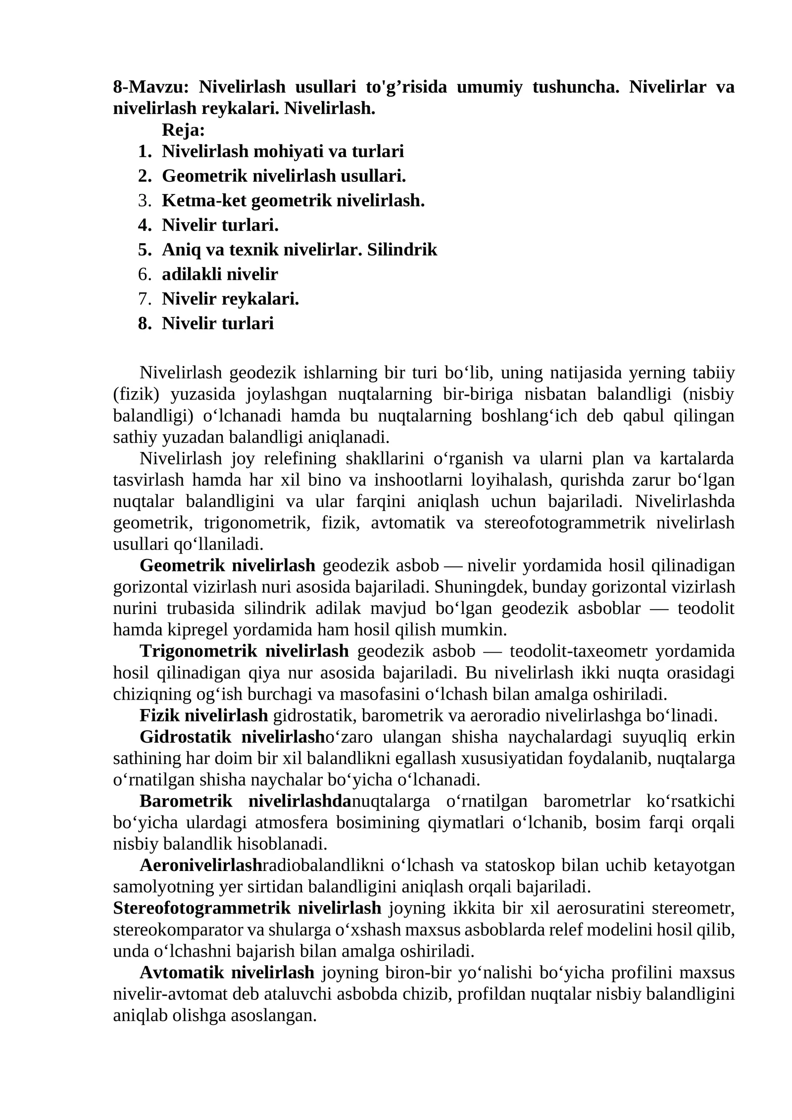 Nivelirlash Usullari