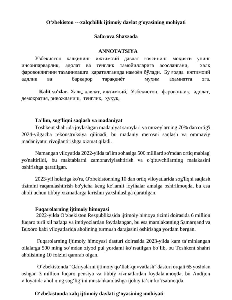 Oʻzbekiston xalqchilik ijtimoiy davlat gʻoyasining mohiyati