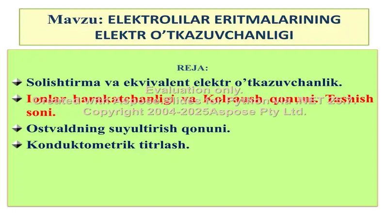 Elektrolitlar eritmalarining elektr o‘tkazuvchanligi