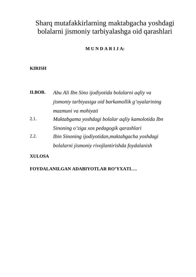 Sharq mutafakkirlarning maktabgacha yoshdagi bolalarni jismoniy tarbiyalashga oid qarashlari