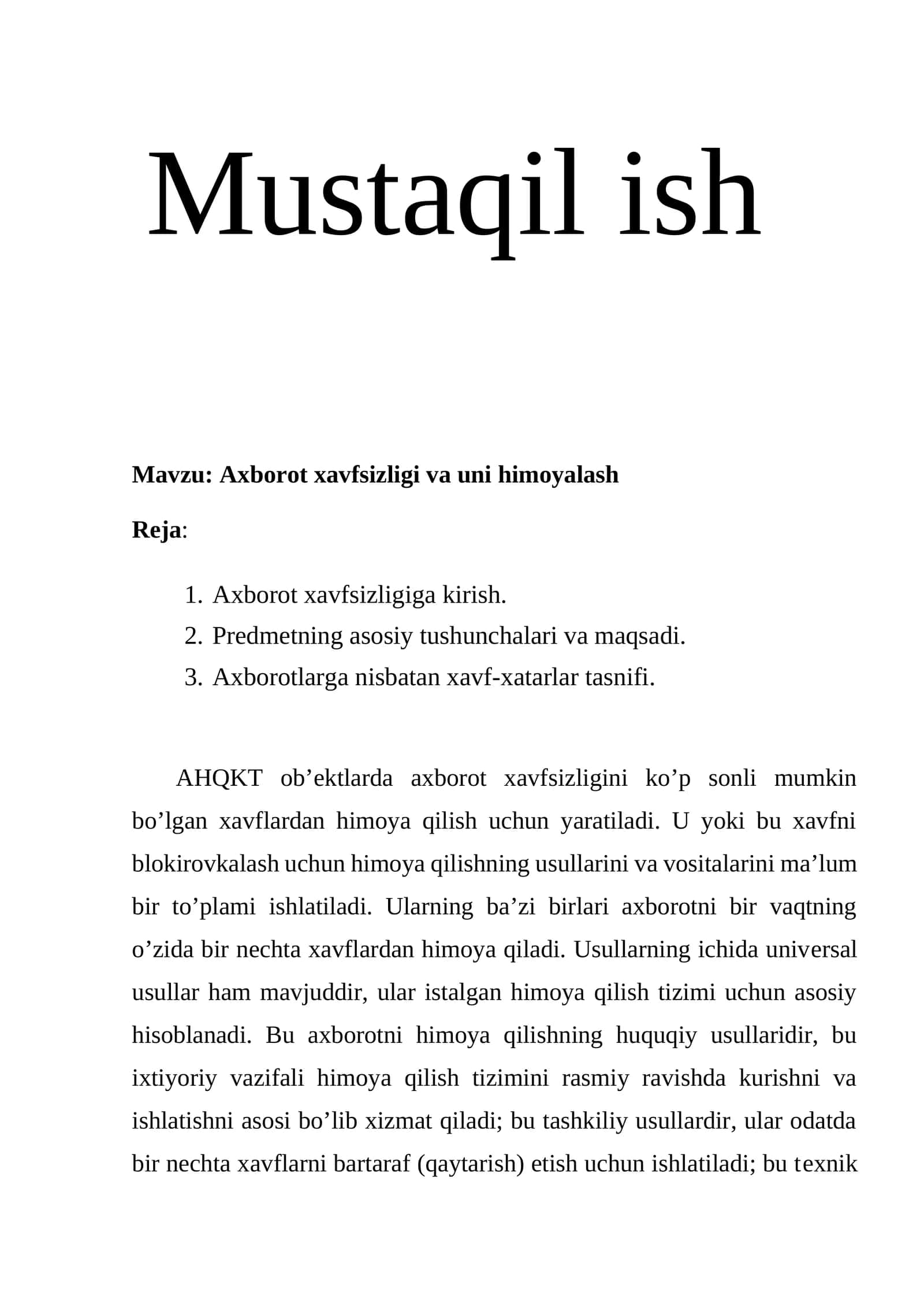 Axborot xavfsizligi va uni himoyalash