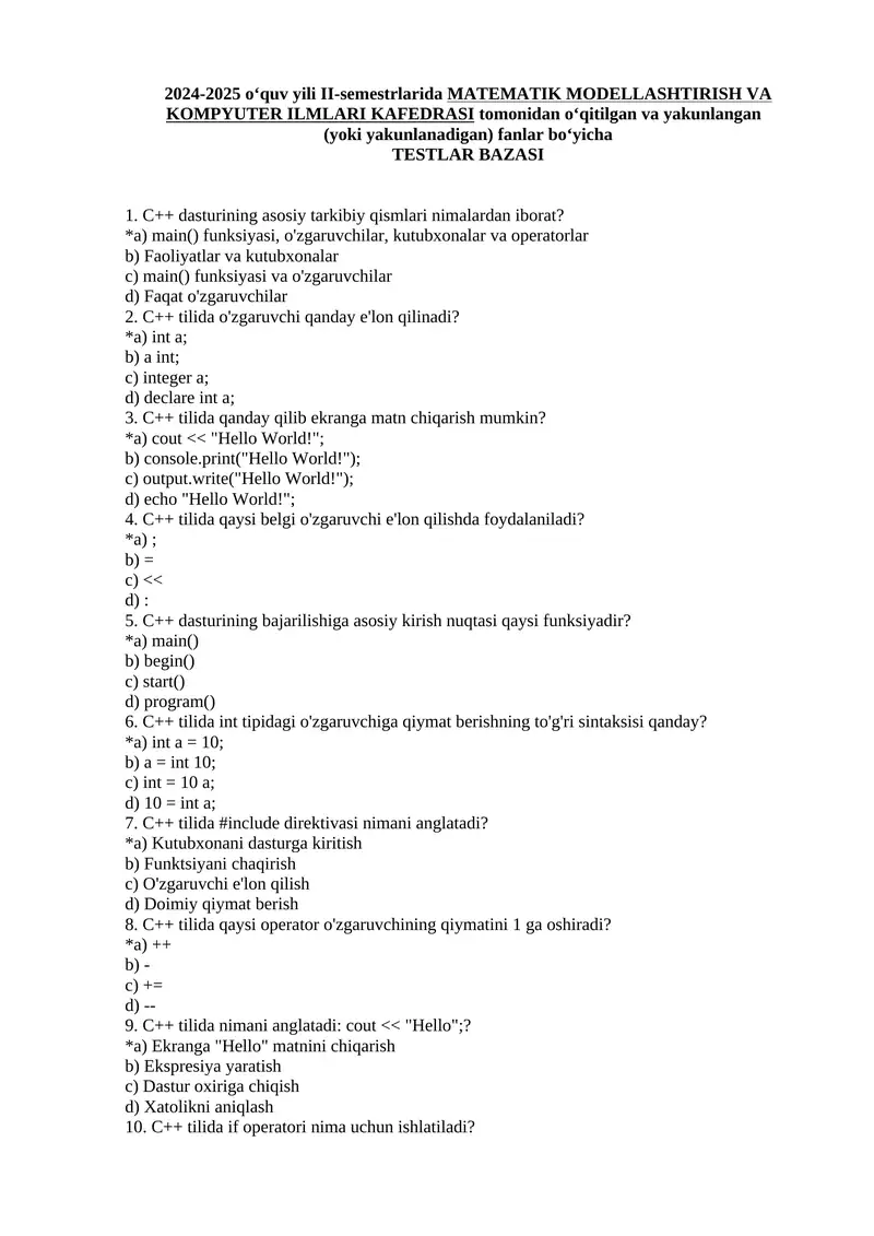 MATEMATIK MODELLASHTIRISH VA KOMPYUTER ILMLARI