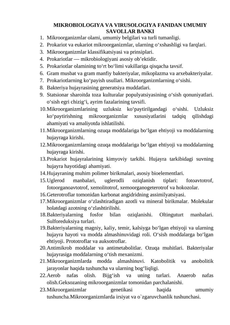 Mikrobiologiya va Virusologiya Fanidan Umumiy Savollar Banki
