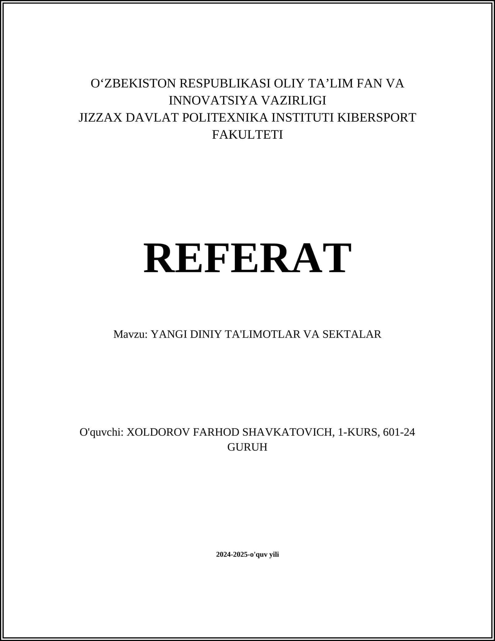 YANGI DINIY TA'LIMOTLAR VA SEKTALAR