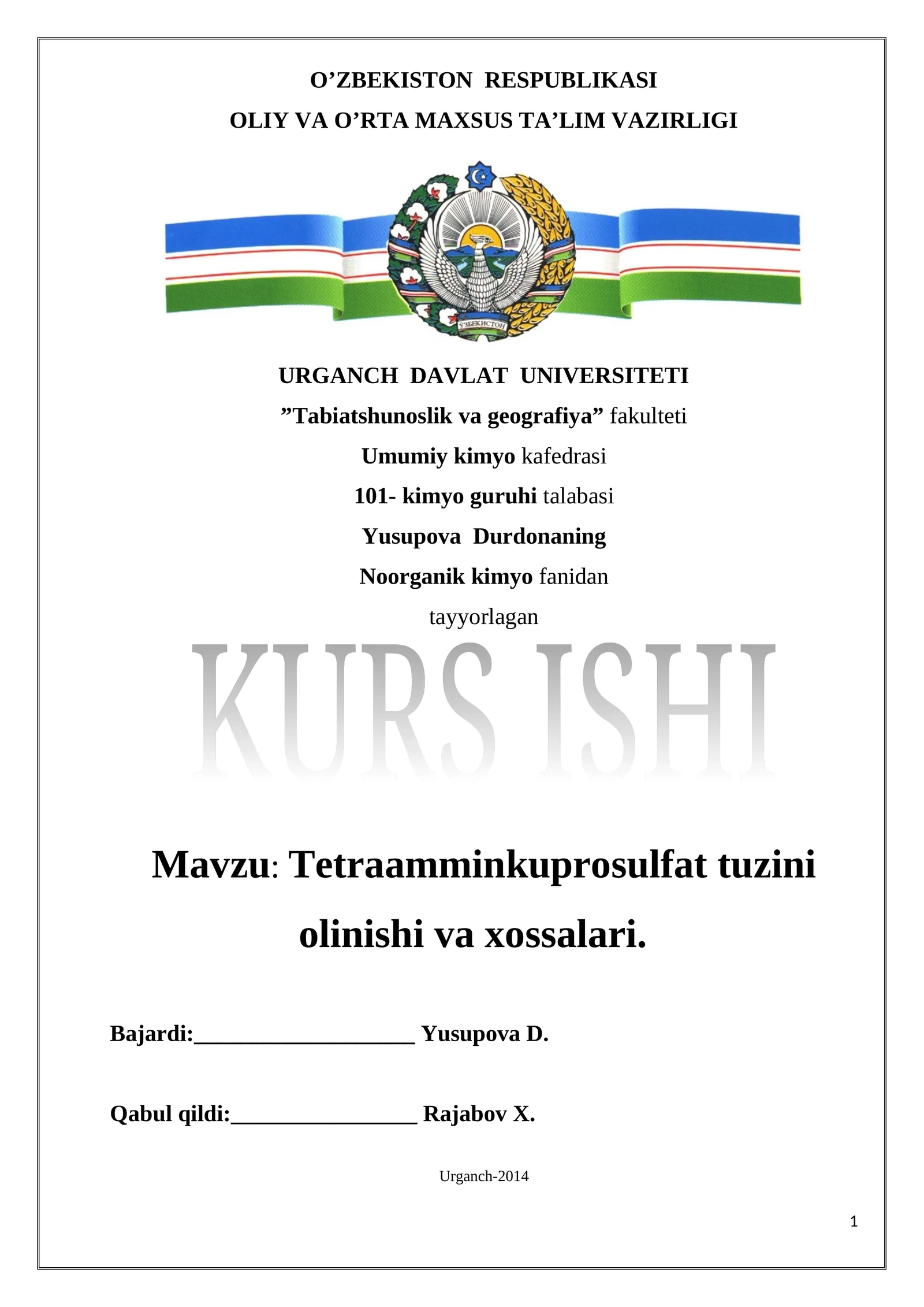 Tetraamminkuprosulfat tuzini olinishi va xossalari