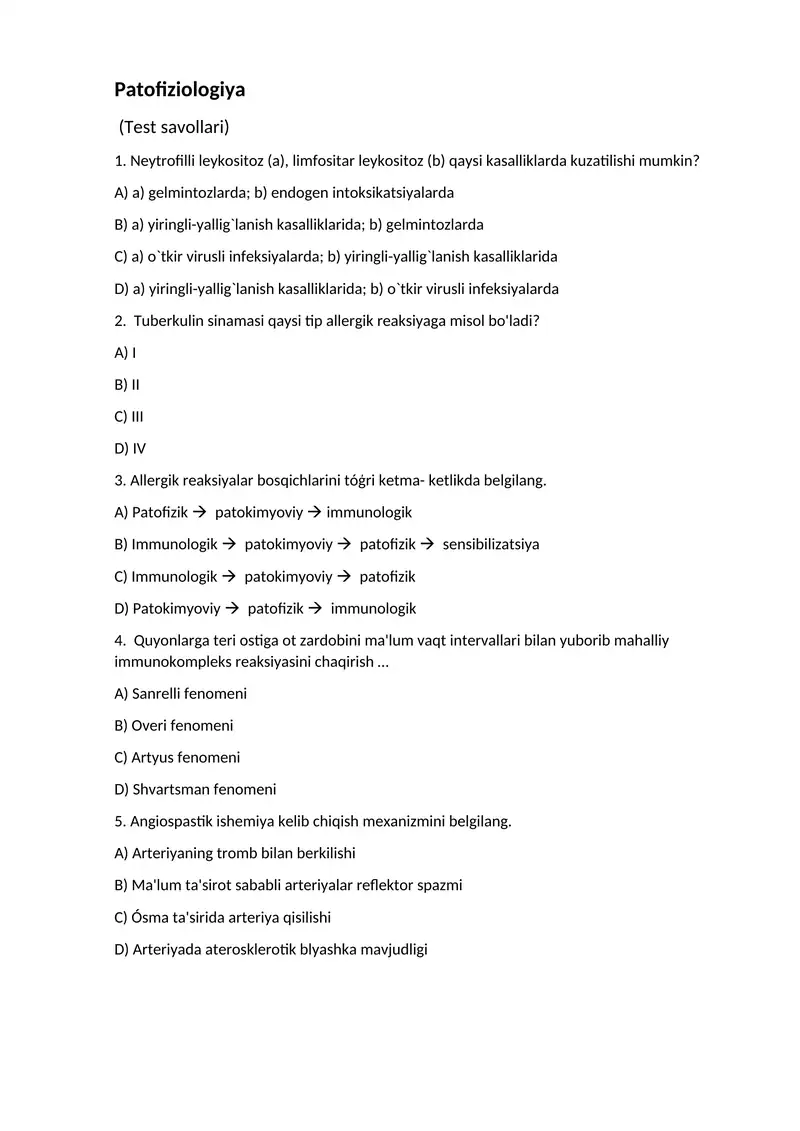 Patofiziologiya (Test savollari)