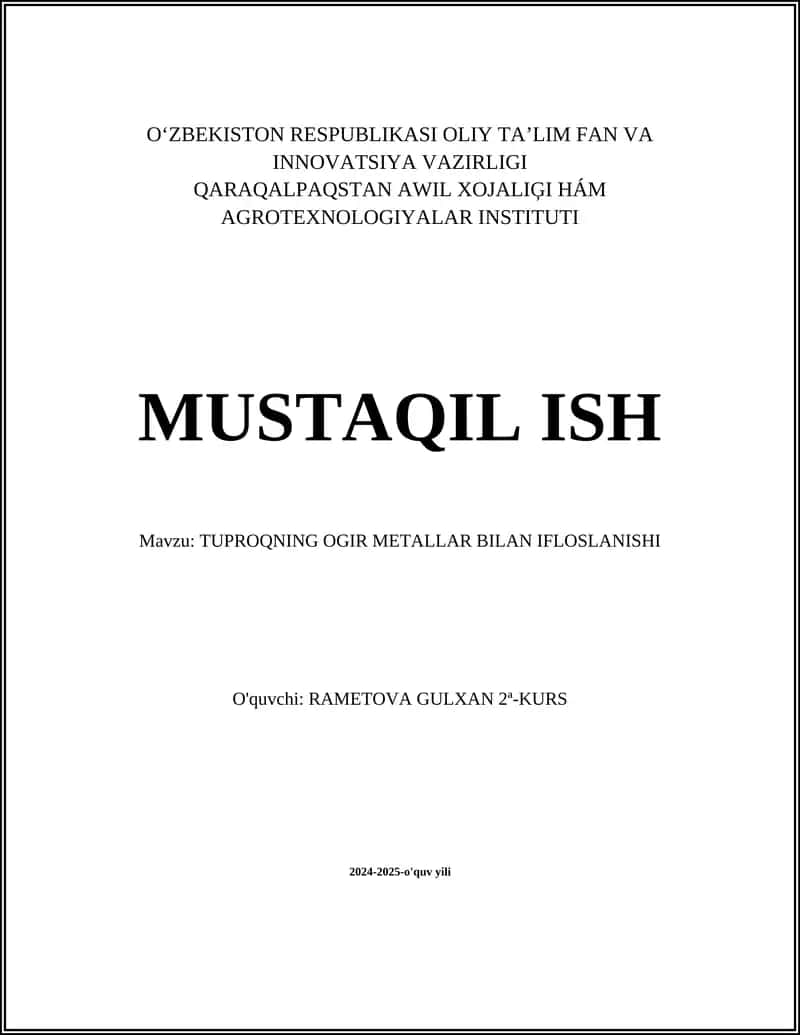 Tuproqning Og'ir Metallar Bilan Ifloslanishi