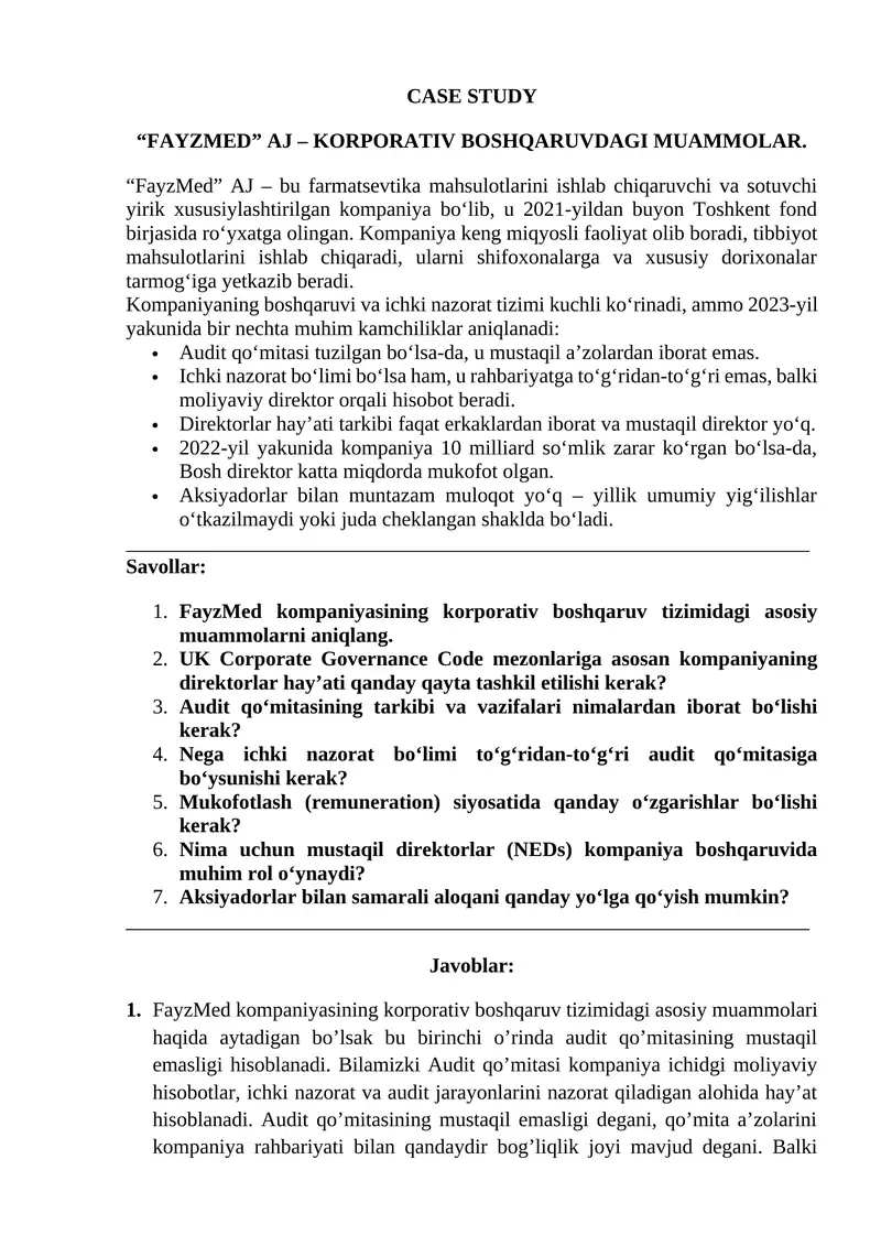 "FAYZMED" AJ – KORPORATIV BOSHQARUVDAGI MUAMMOLAR