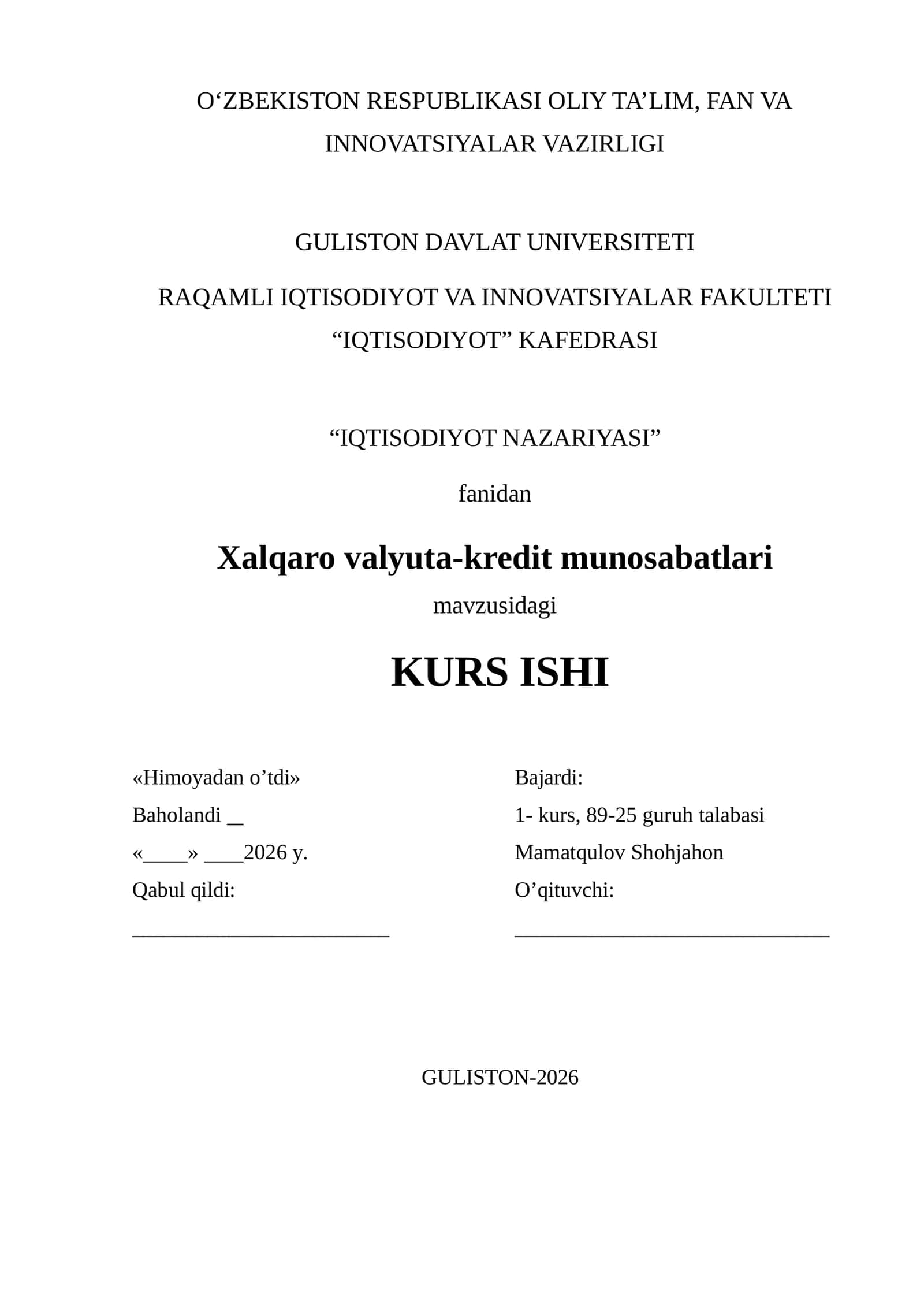 Xalqaro Valyuta-Kredit Munosabatlari Kurs Ishi