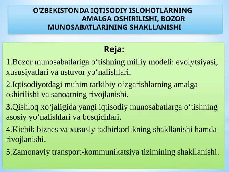 О‘ZBEKISTONDA IQTISODIY ISLOHOTLARNING  AMALGA OSHIRILISHI, BOZOR MUNOSABATLARINING SHAKLLANISHI