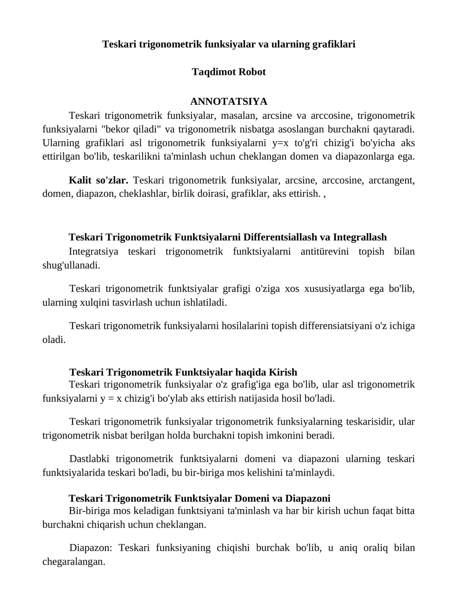 Teskari trigonometrik funksiyalar va ularning grafiklari
