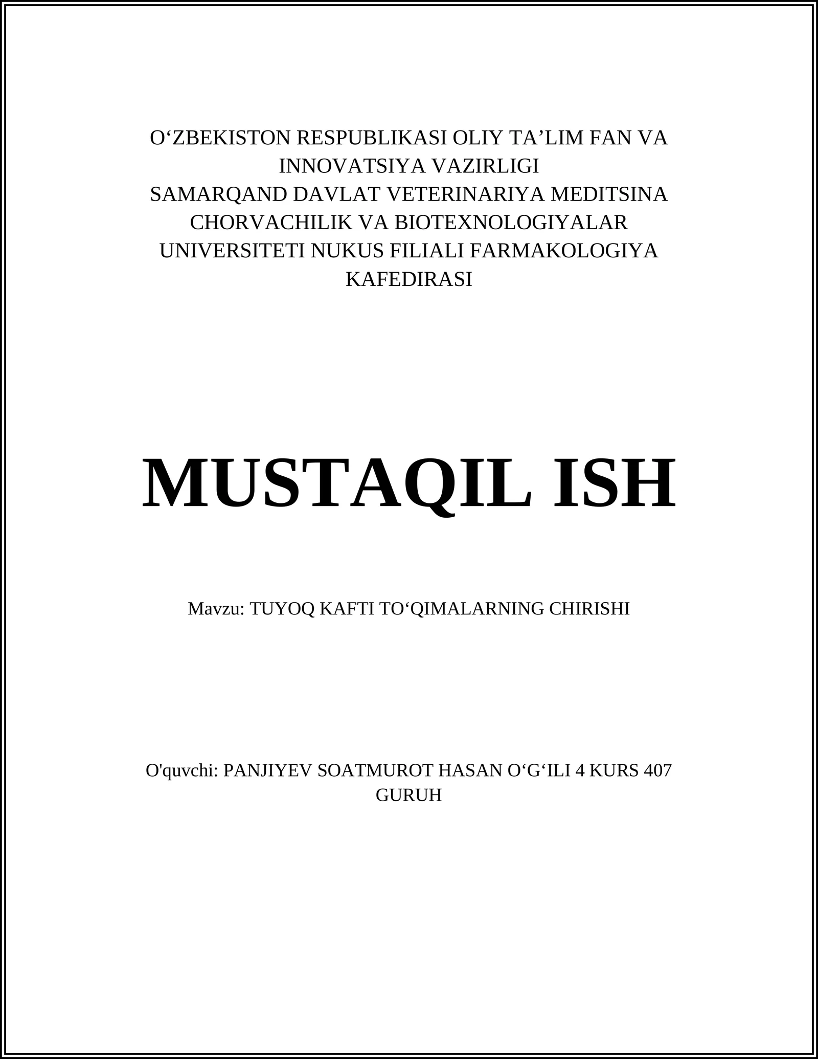 TUYOQ KAFTI TOʻQIMALARNING CHIRISHI