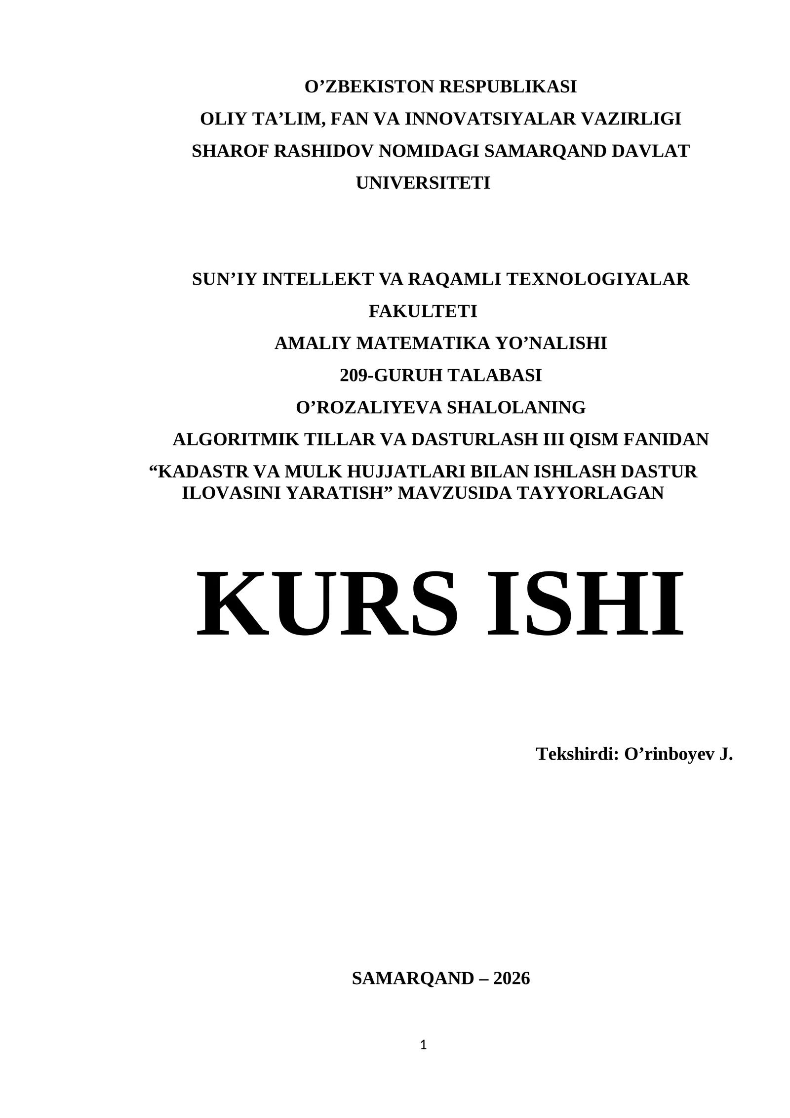 Visual Studio muhitida dasturlash | Kurs Ishi - KADASTR VA MULK HUJJATLARI BILAN ISHLASH DASTUR ILOVASINI YARATISH